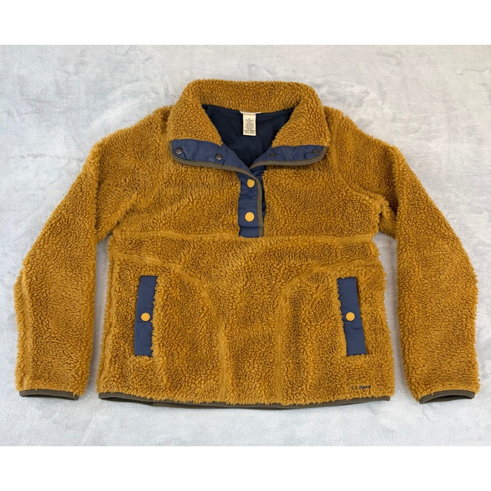 LL Bean Womens Fleece Pullover Hi-Pile Sherpa Snap Neck S Camel Brown Gorpcore